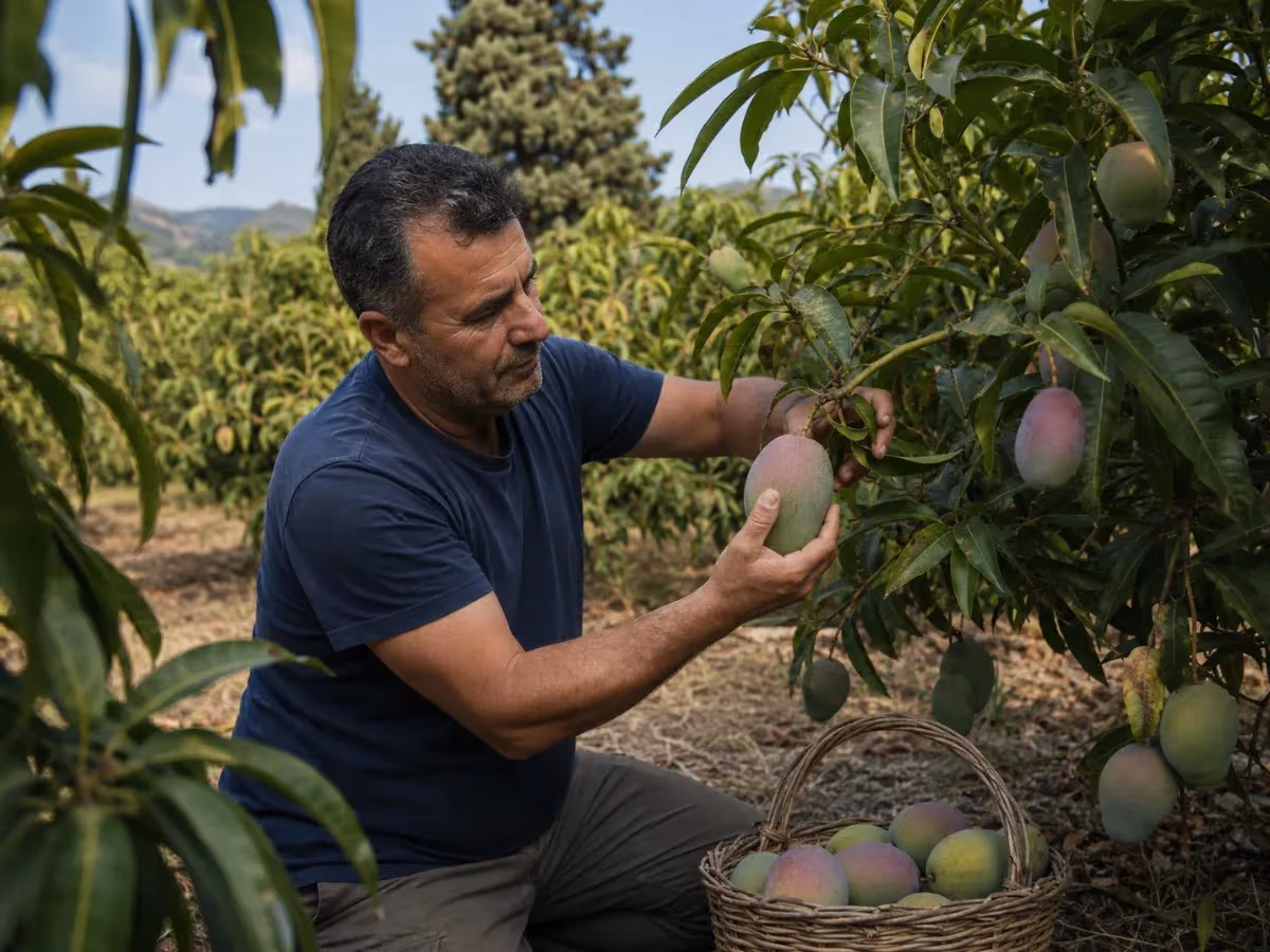 Agricoltore siciliano raccoglie un mango maturo verde e rosa dal ramo con cesto a terra
