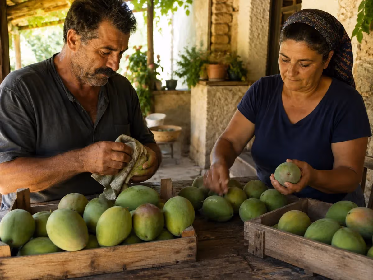 Due contadini puliscono e selezionano mango verdi in cassette di legno sotto portico rustico