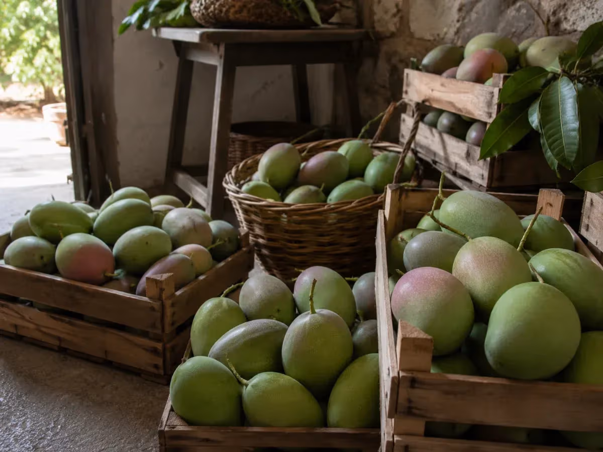 Cassette e cesto di vimini colmi di mango siciliani verdi e rosa in deposito rustico
