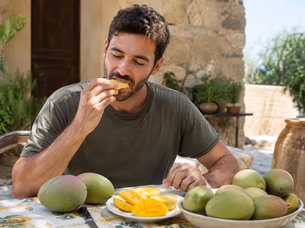 Uomo assaggia una fetta di mango gialla seduto a tavola con ciotola di mango verdi siciliani