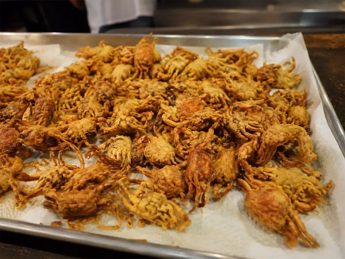 Abbondante vassoio da cucina colmo di moeche fritte dorate e croccanti appena tolte dall olio