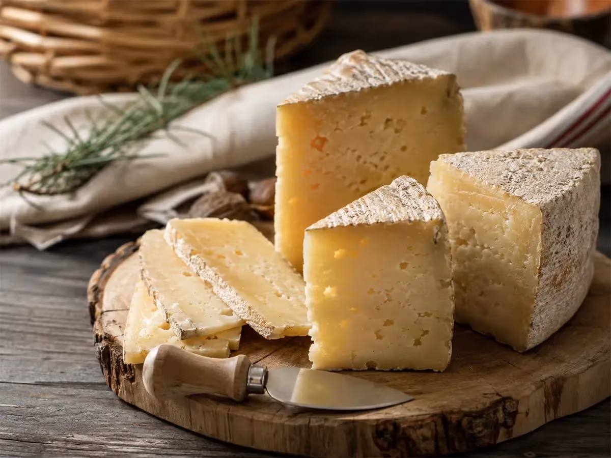 Spicchi di formaggio alpino a pasta gialla paglierina su tagliere rustico in legno con coltello