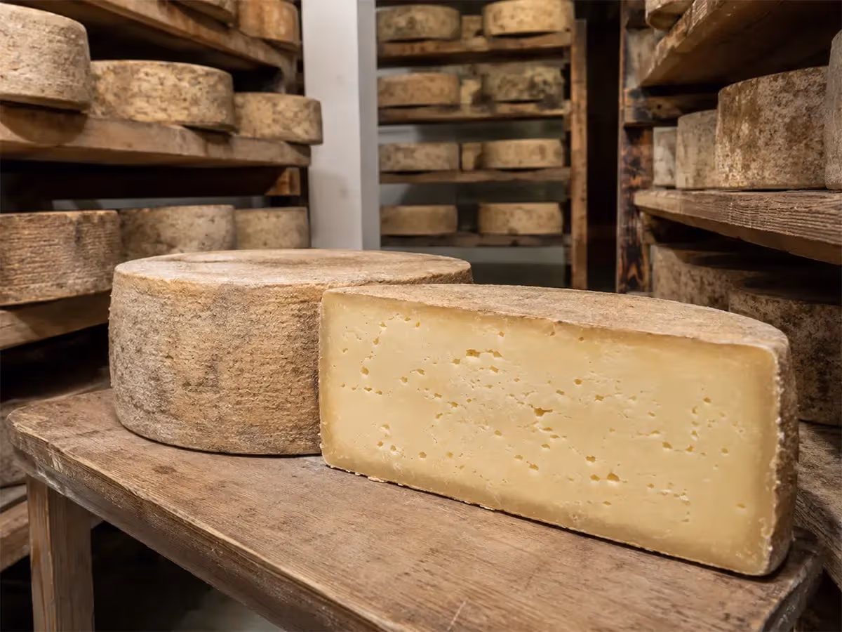 Forme intere e mezza forma di Montasio DOP in stagionatura su scaffali di legno in cantina