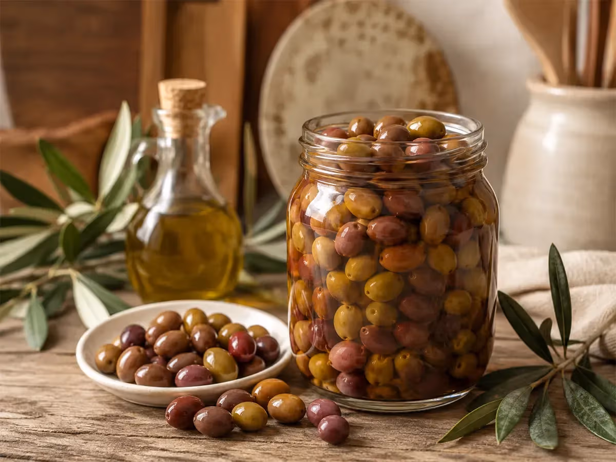 Barattolo di vetro pieno di olive taggiasche marinate affiancato da ciotolina e olio extravergine