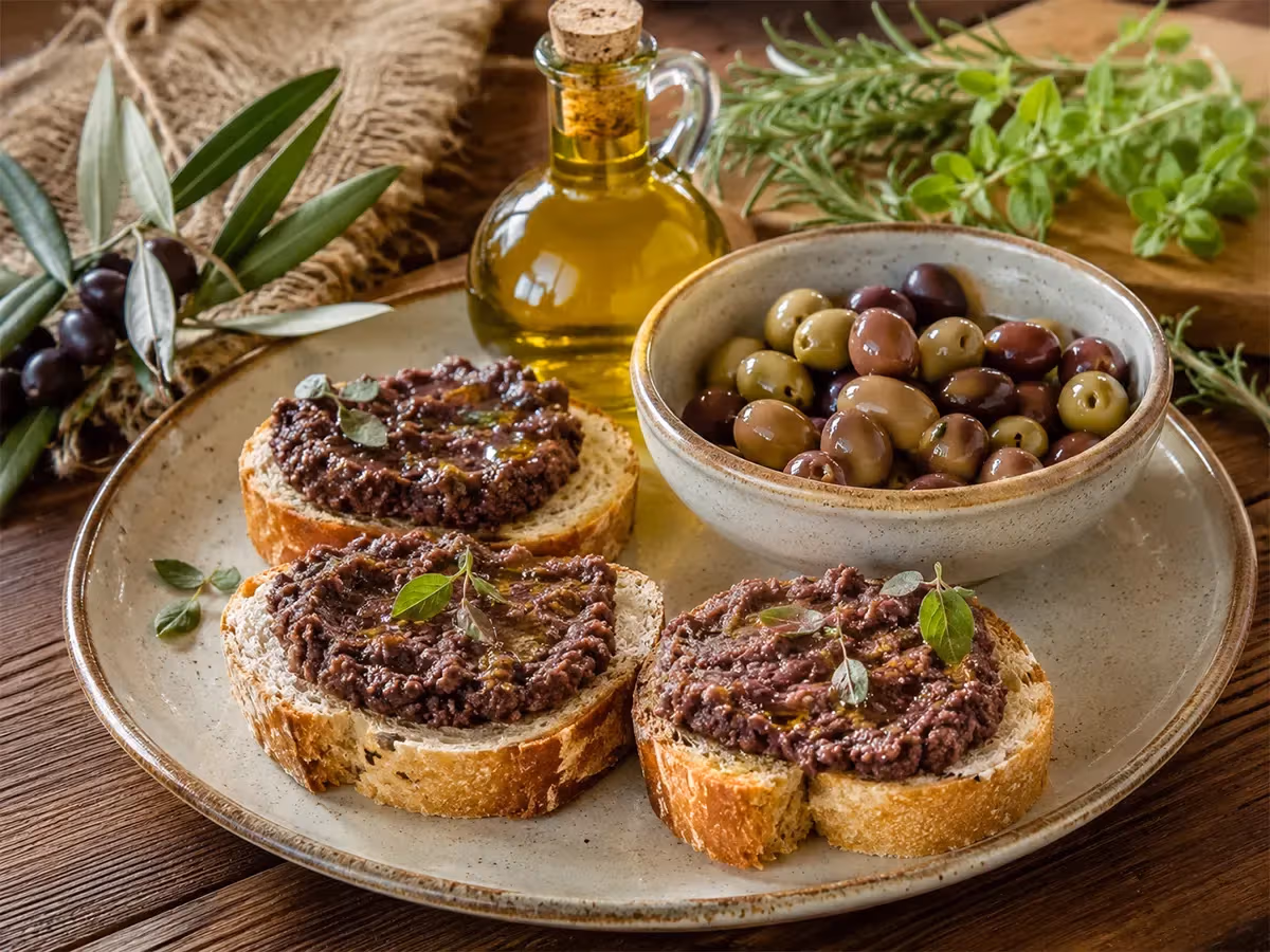 Bruschette di pane con tapenade di olive nere guarnite di origano fresco su piatto ceramica