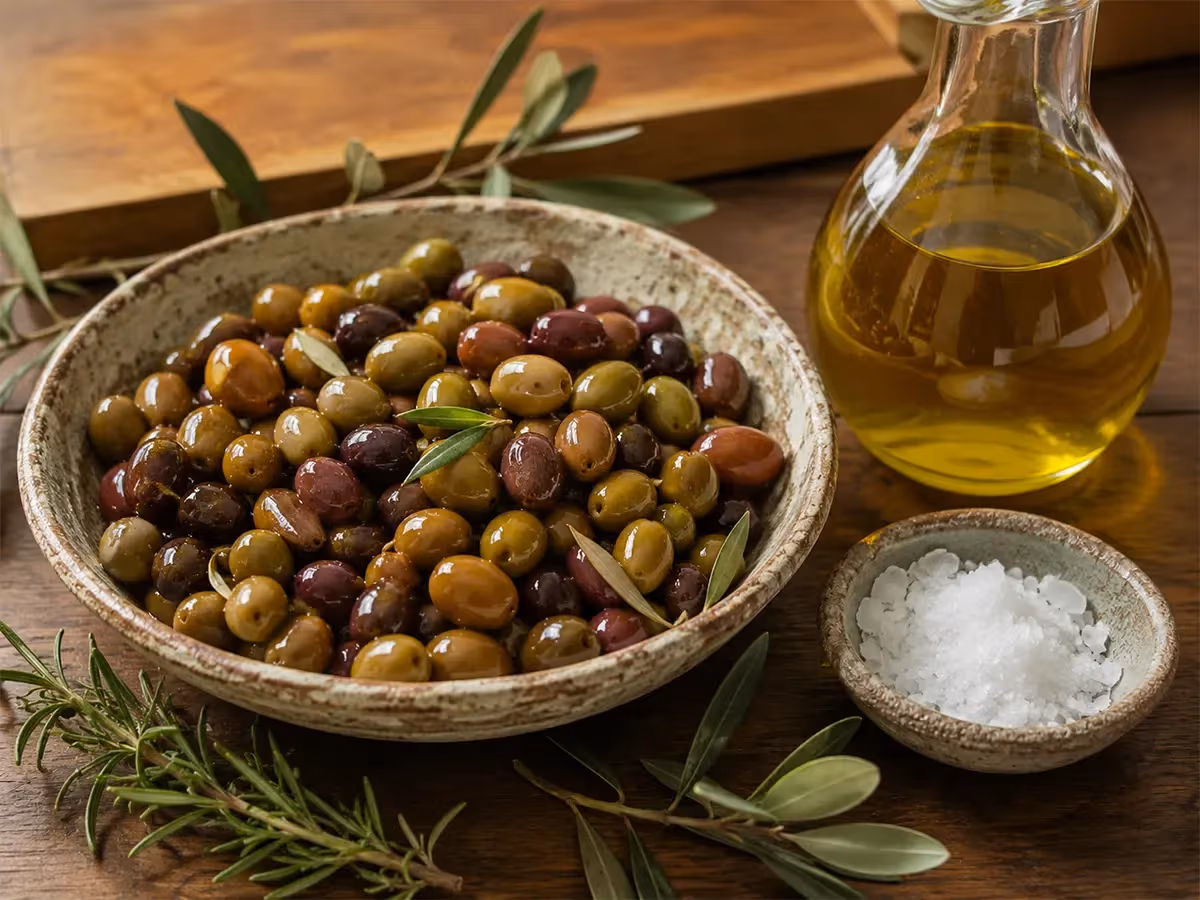 Ciotola in terracotta con olive verdi e viola condite affiancata da olio extravergine e sale marino