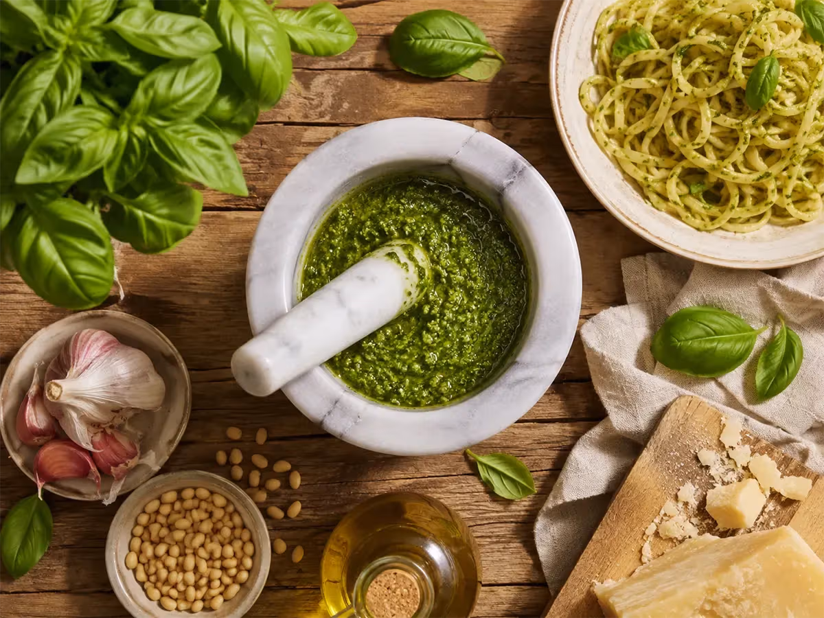 Vista dall'alto mortaio di marmo con pesto genovese accanto a piatto di spaghetti verdi e ingredienti