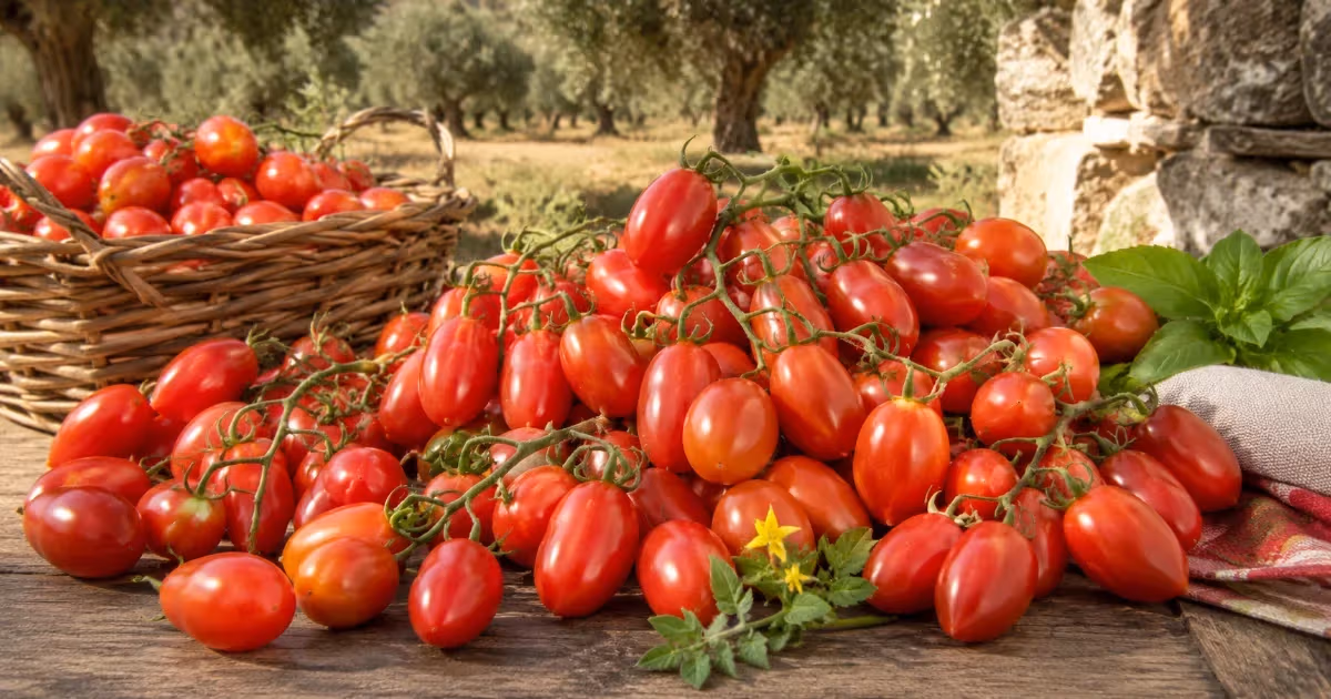 Pomodorini di Manduria rossi lucenti sul ramo ammassati su tavolo rustico con ulivi sullo sfondo