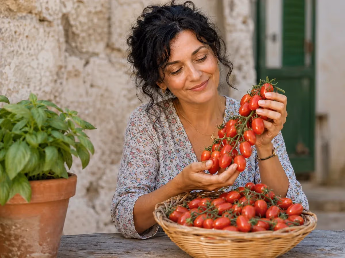 Donna sorridente regge un grappolo di pomodorini di Manduria rossi su cesto di vimini con basilico