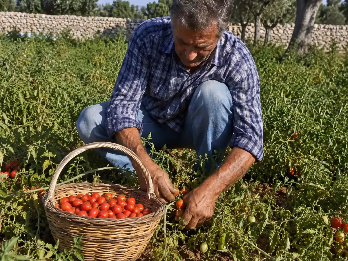 Contadino accovacciato raccoglie pomodorini di Manduria in cesto di vimini tra i filari verdi