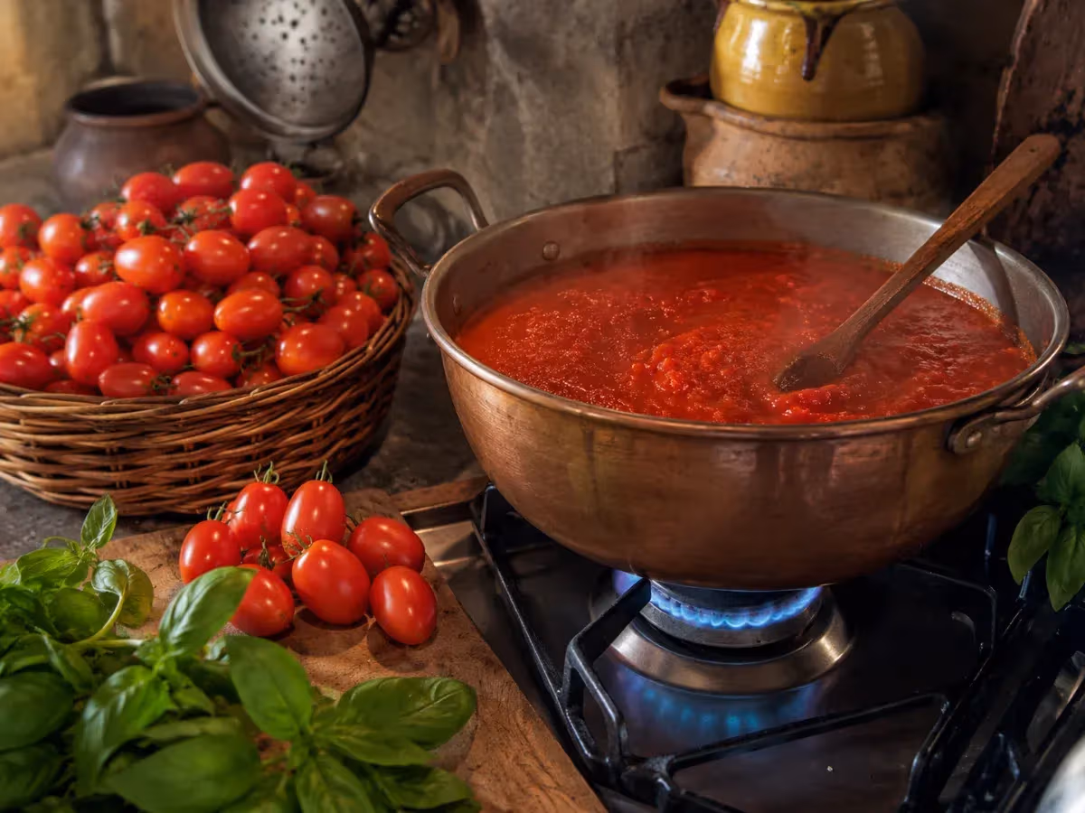 Salsa di pomodorino di Manduria in cottura in pentola di rame su fuoco a gas con basilico fresco