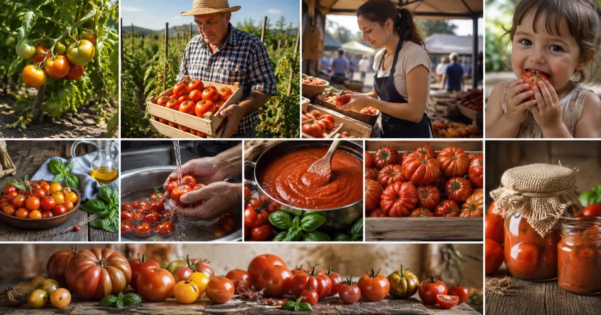 Collage pomodori italiani dalla pianta al barattolo passando per mercato e salsa rossa