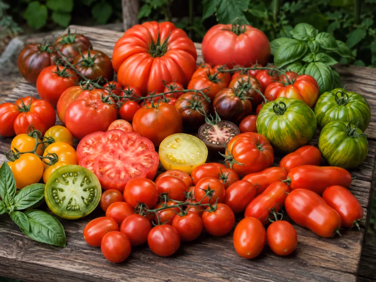Assortimento di pomodori antichi interi e tagliati rossi verdi gialli su tavola rustica