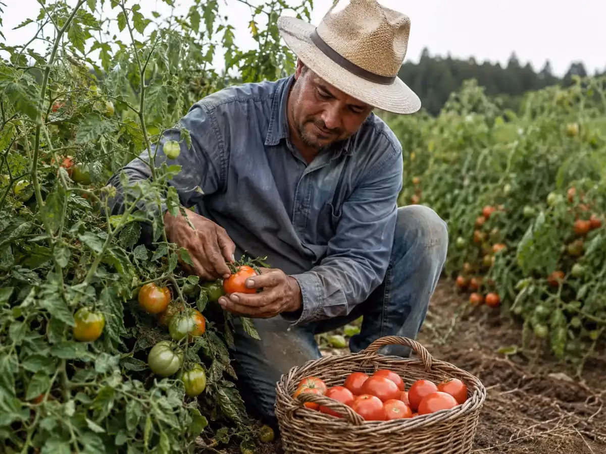 Contadino con cappello di paglia raccoglie pomodori rossi maturi in campo