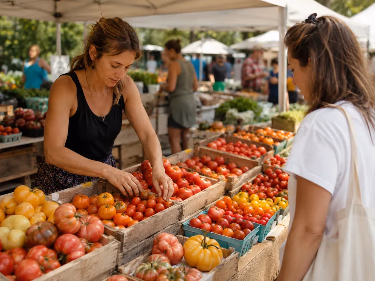 Venditrice al mercato all aperto mostra pomodori colorati a una cliente