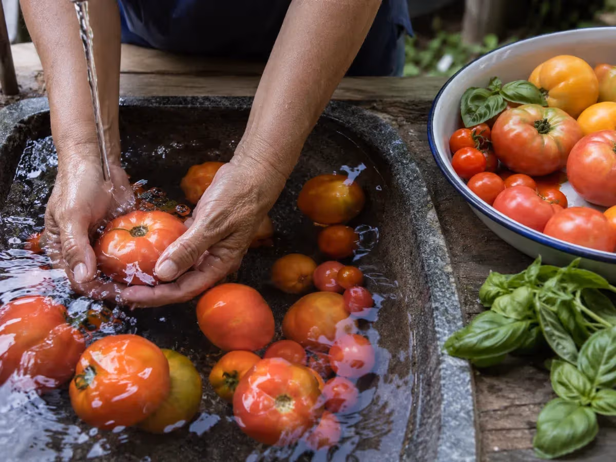 Mani che lavano pomodori rossi e gialli in una vasca di pietra con basilico fresco