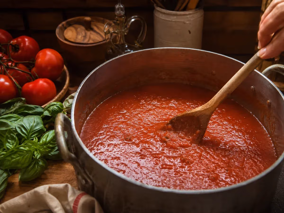 Salsa di pomodoro rossa densa mescolata con cucchiaio di legno in pentola capiente