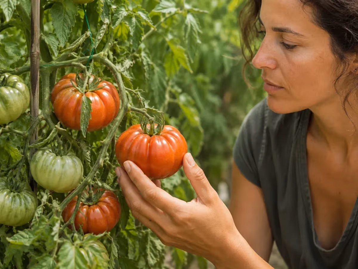 Donna esamina da vicino un grande pomodoro Camone rosso costoluto ancora attaccato alla pianta