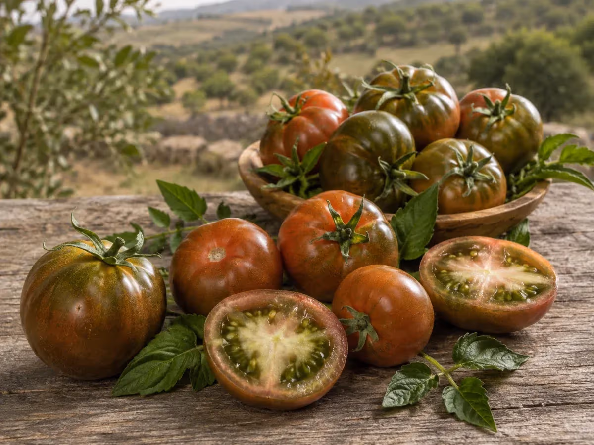 Pomodori Camone interi e tagliati a metà su tavolo rustico con ciotola in legno e paesaggio sardo sullo sfondo