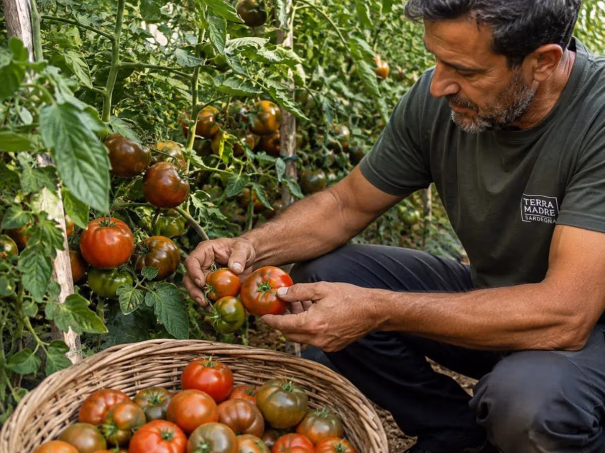 Agricoltore Terra Madre Sardegna raccoglie pomodori Camone maturi rosso-verdi dalla pianta in serra
