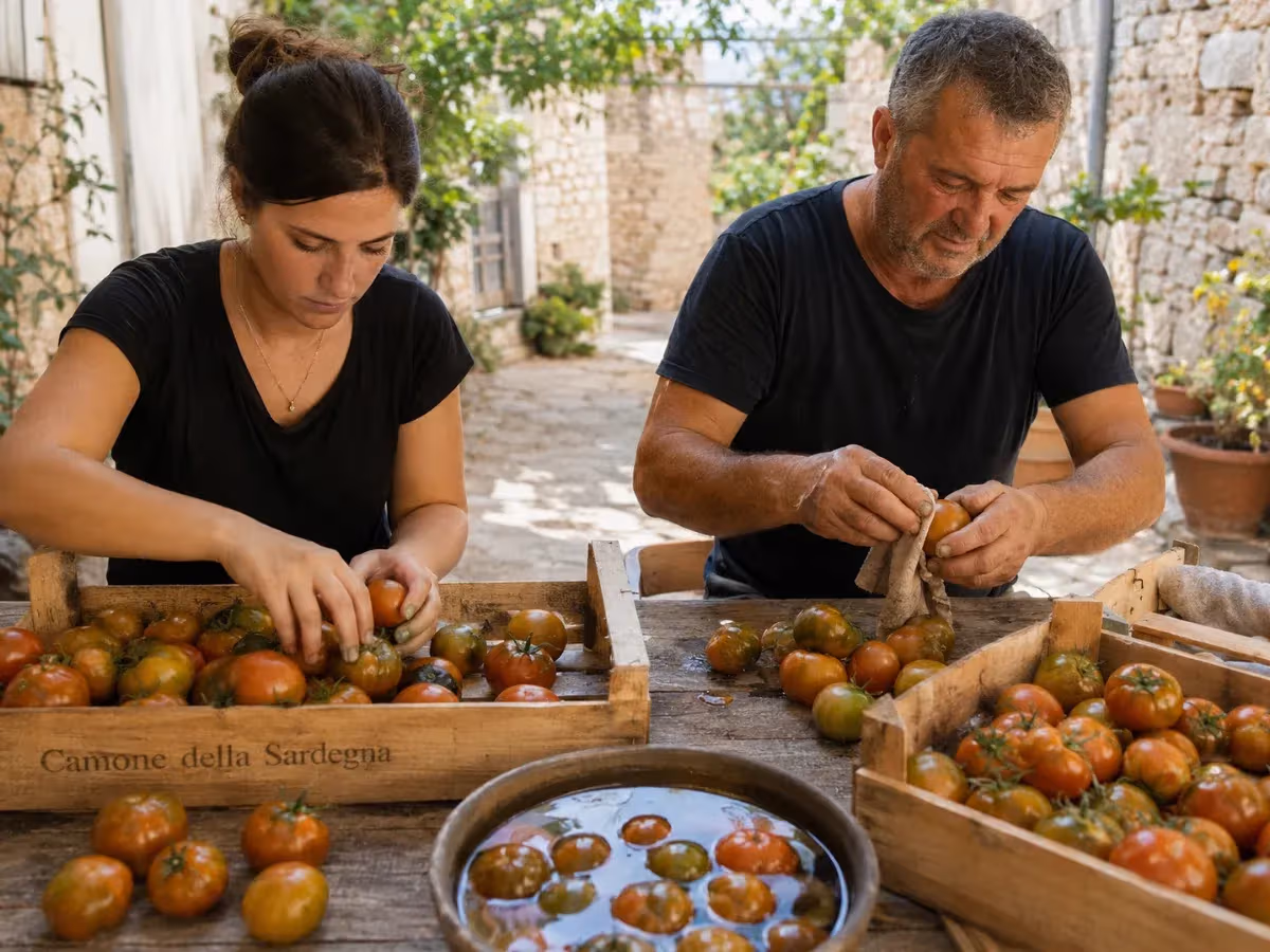 Due persone puliscono e selezionano pomodori Camone della Sardegna in cassette di legno all'aperto