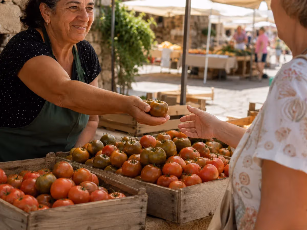 Venditrice sorridente porge un pomodoro Camone a una cliente in un mercato contadino all'aperto
