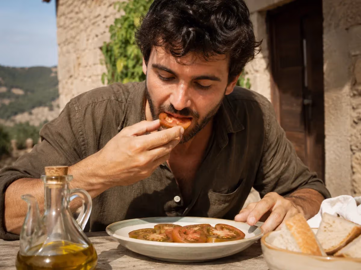 Uomo assaggia una fetta di pomodoro Camone seduto a tavola rustica con olio extravergine e pane