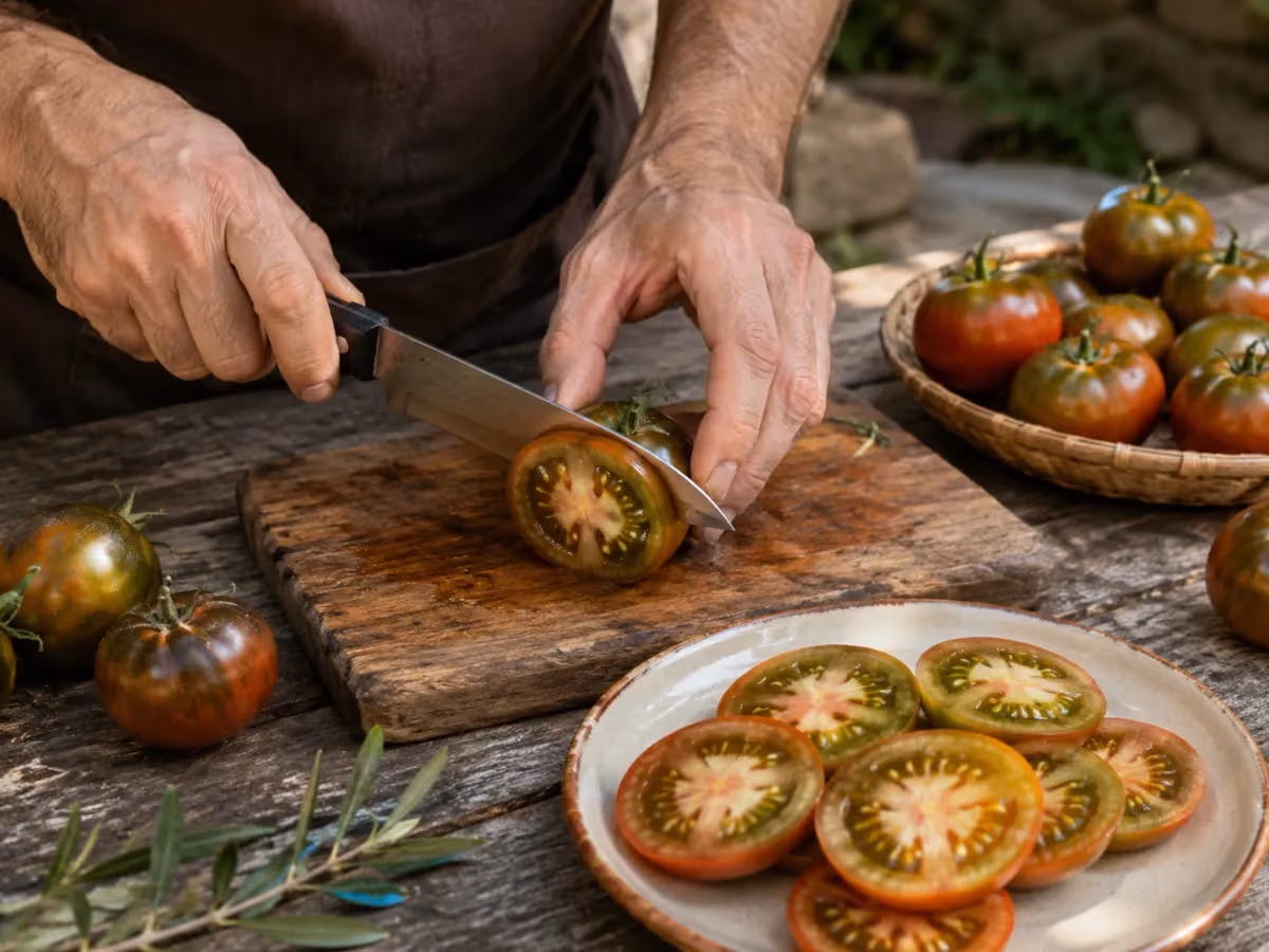 Mani che affettano un pomodoro Camone su tagliere di legno con fette già disposte su piatto bianco