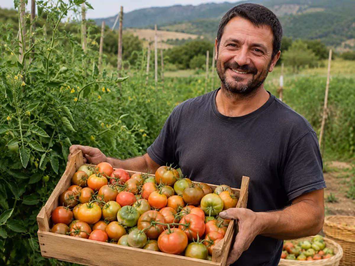 Contadino sorridente regge una cassetta di legno con pomodori Camone appena raccolti nel campo verde