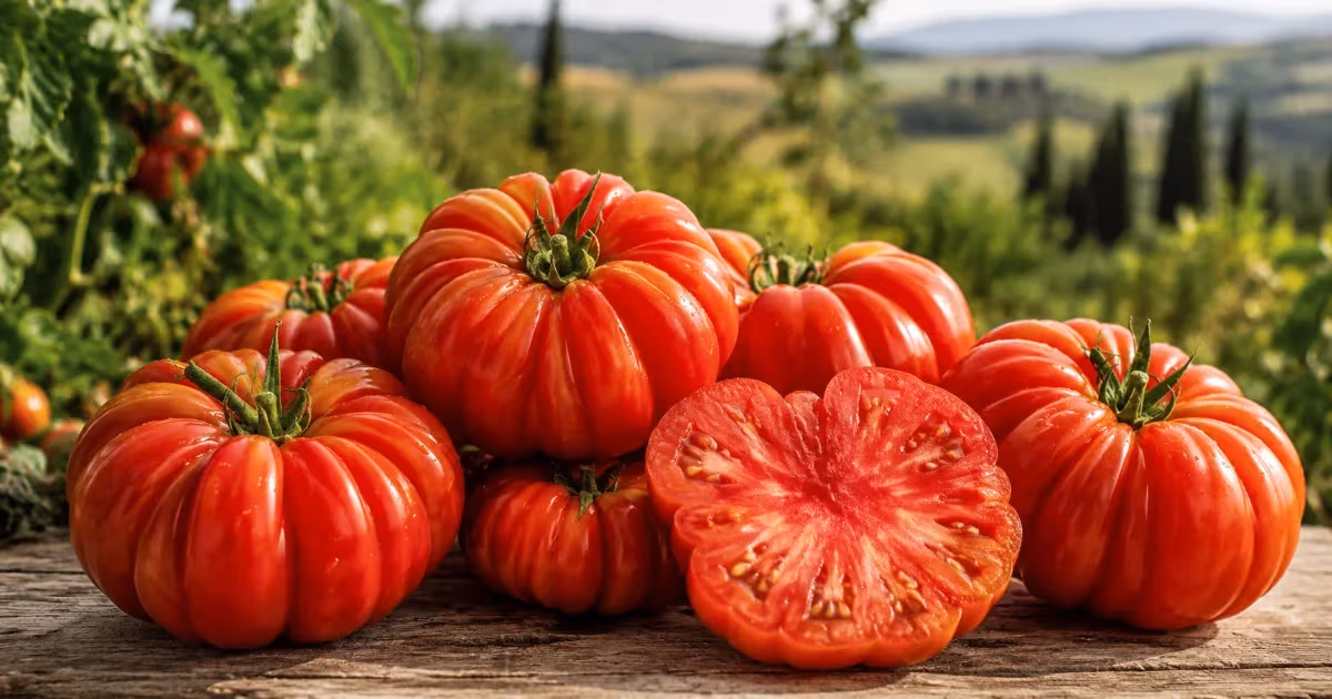 Pomodori costoluto fiorentino rossi e costoluti su tavolo rustico con uno tagliato a metà che mostra la polpa succosa e i semi su sfondo di colline toscane