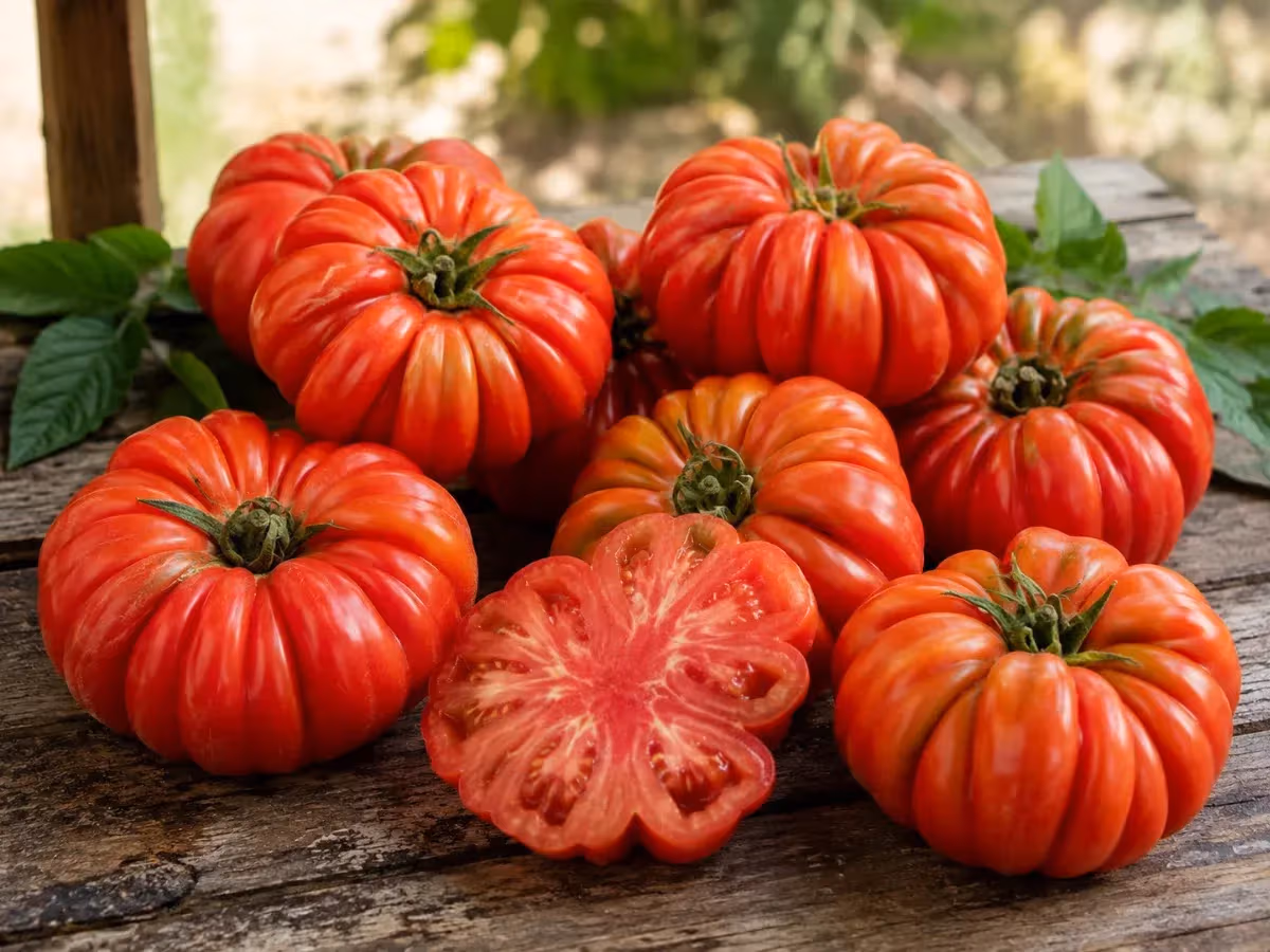 Pomodori costoluti fiorentini rossi su tavola rustica uno tagliato a metà mostra la polpa interna
