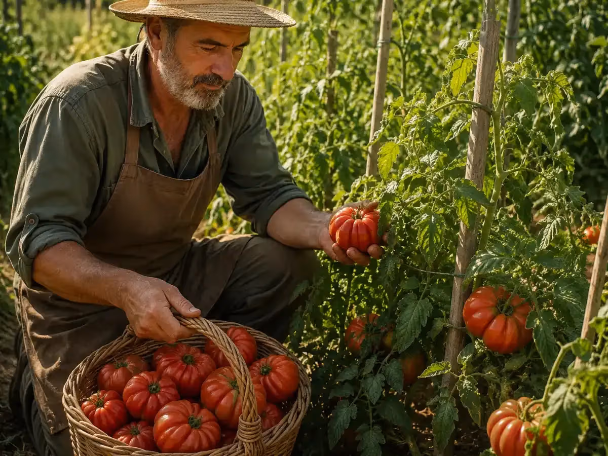 Contadino con cappello di paglia raccoglie pomodori costoluti rossi maturi in un cesto di vimini
