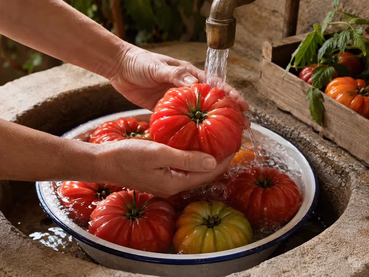 Mani che lavano pomodori costoluti fiorentini rossi sotto acqua corrente in una bacinella smaltata