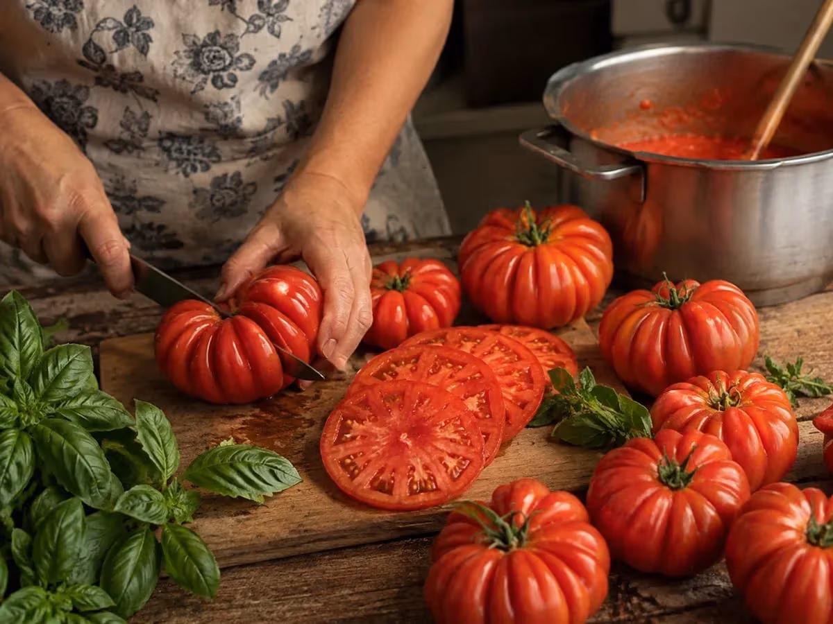 Donna affetta pomodori costoluti fiorentini su tagliere di legno con basilico fresco e pentola sullo sfondo