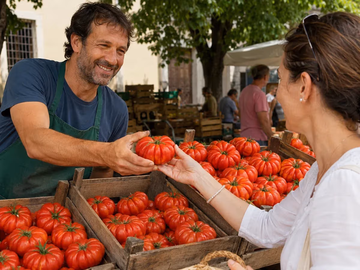 Venditore al mercato contadino porge un pomodoro costoluto fiorentino rosso brillante a una cliente