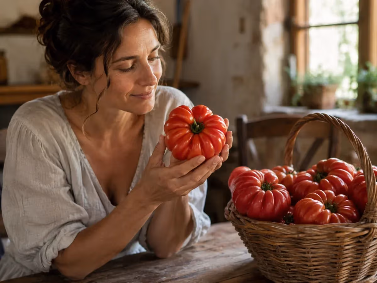 Donna sorride annusando un grande pomodoro costoluto fiorentino rosso vicino a un cesto pieno