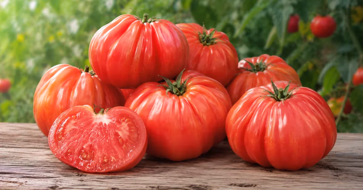 Pomodori Cuore di Bue rossi costoluti su tavolo rustico uno tagliato a metà mostra la polpa succosa