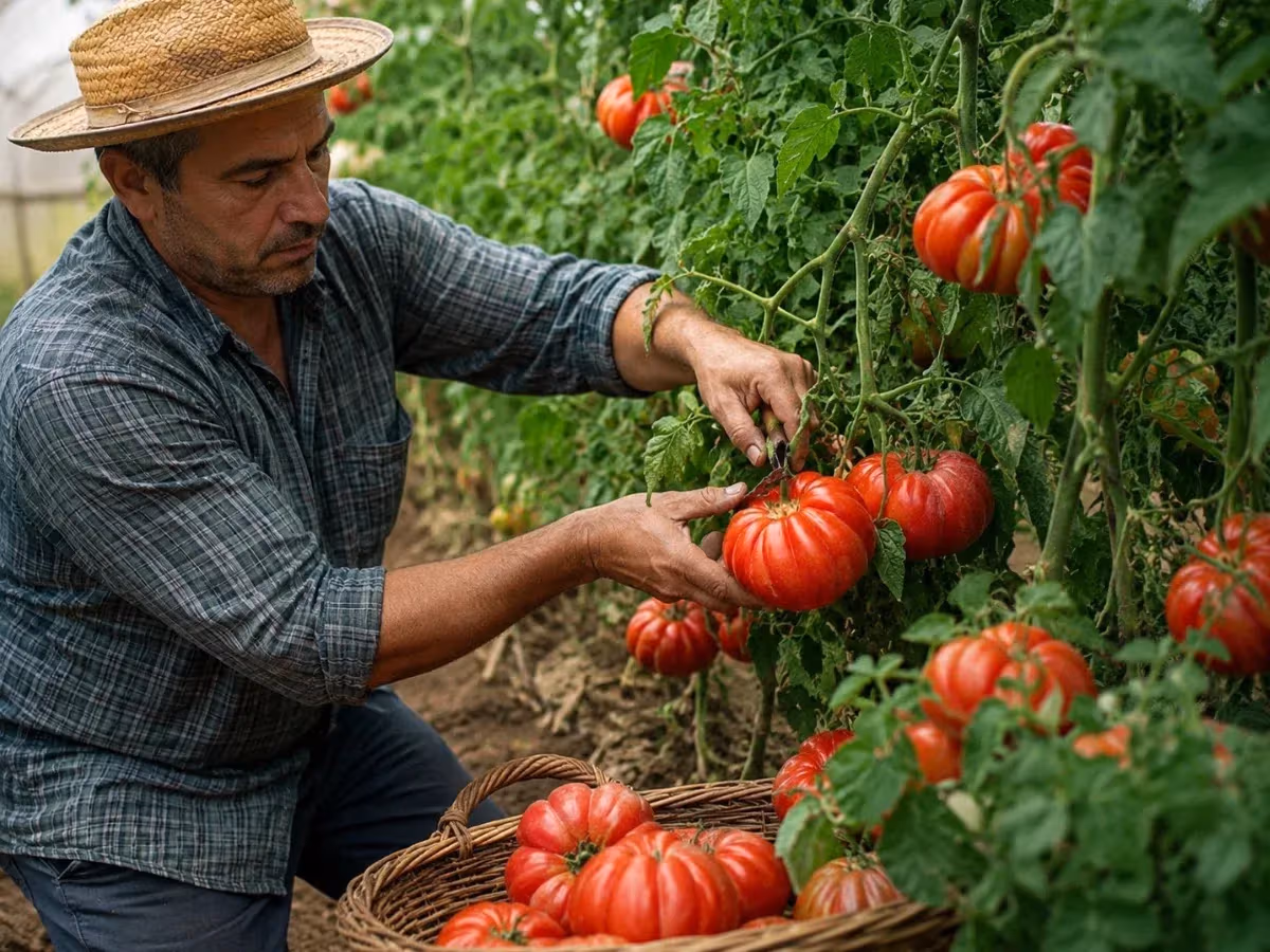 Contadino con cappello di paglia raccoglie pomodori Cuore di Bue maturi in cesto intrecciato