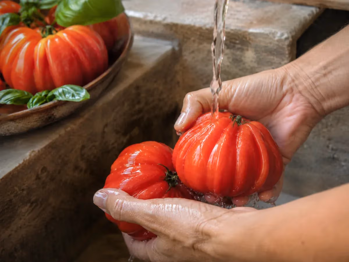 Mani che lavano due grandi pomodori Cuore di Bue rossi sotto acqua corrente su pietra