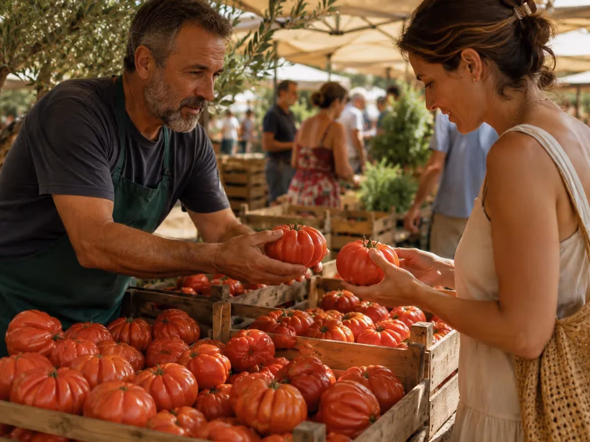 Contadino con grembiule verde offre pomodoro Cuore di Bue a cliente al mercato estivo