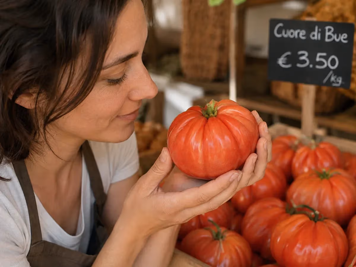 Donna annusa un grande pomodoro Cuore di Bue davanti a cartello con prezzo in negozio
