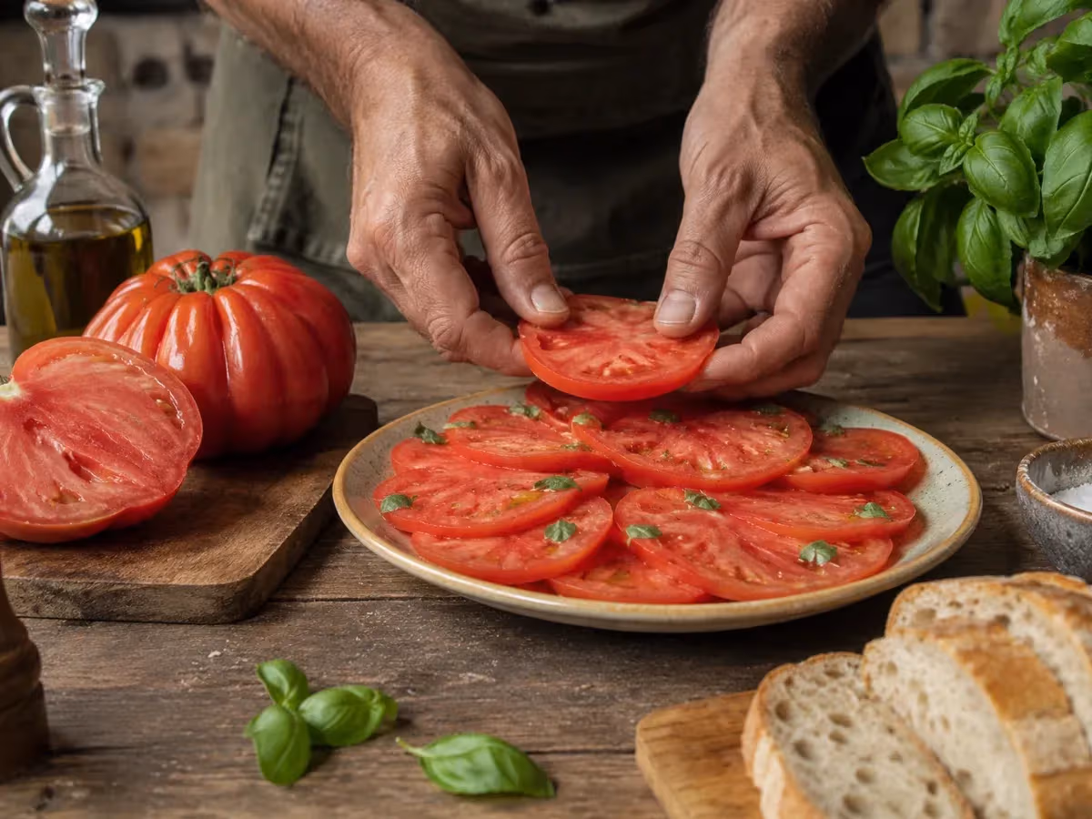 Mani che dispongono fette sottili di pomodoro Cuore di Bue su piatto rustico con basilico