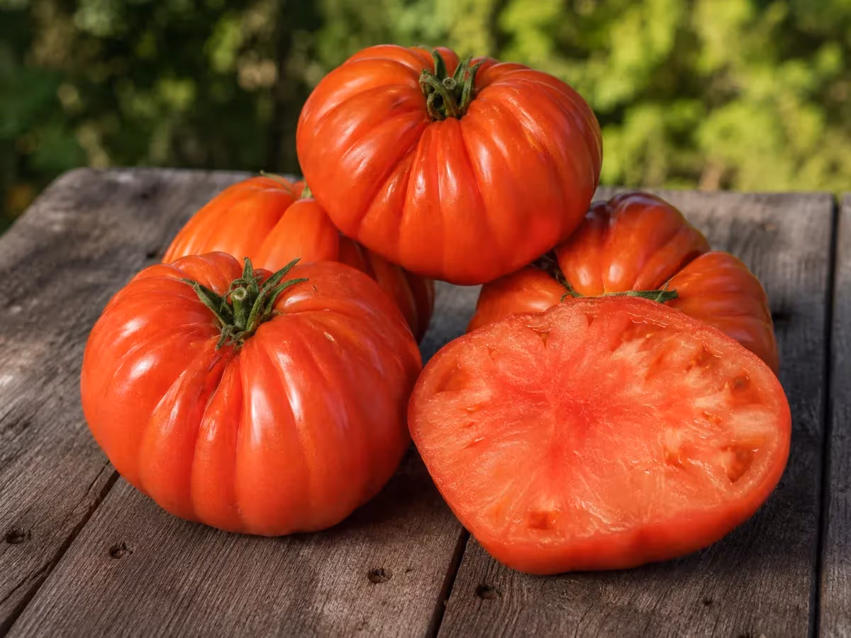 Tre pomodori Cuore di Bue interi e uno tagliato mostrano polpa rossa su legno grigio