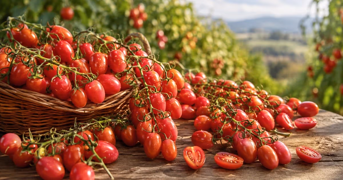 Pomodorini datterino rossi maturi in cesto di vimini su tavolo rustico con paesaggio collinare