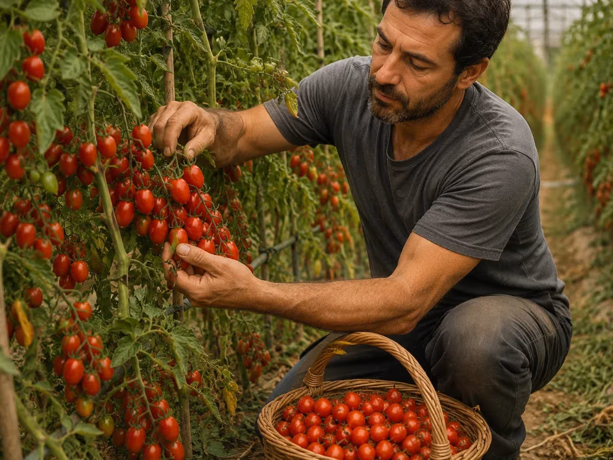 Contadino accovacciato raccoglie a mano pomodori datterino rossi in un cesto di vimini tra le piante