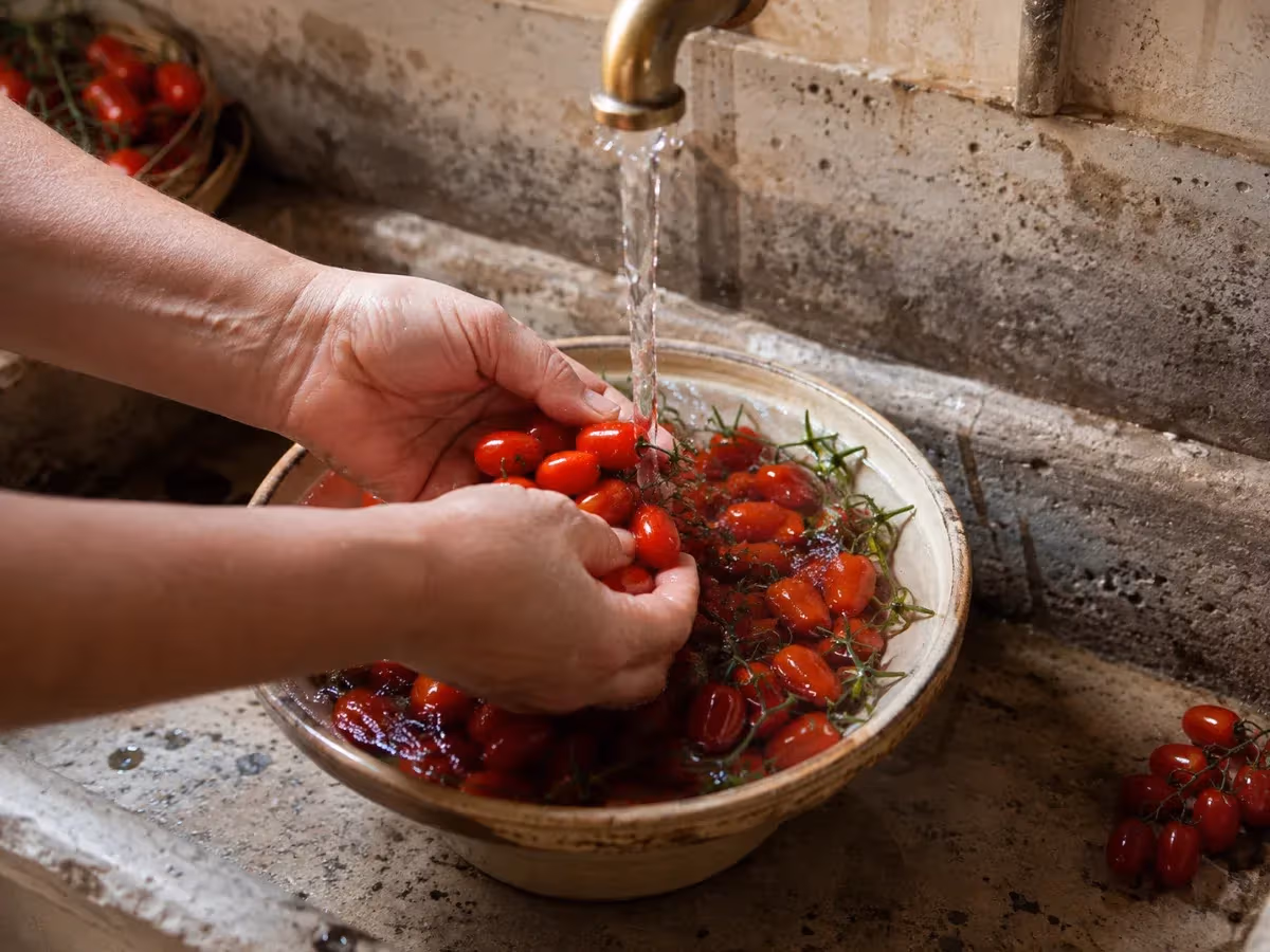 Mani che lavano pomodori datterino rossi in una ciotola rustica sotto acqua corrente da rubinetto dorato