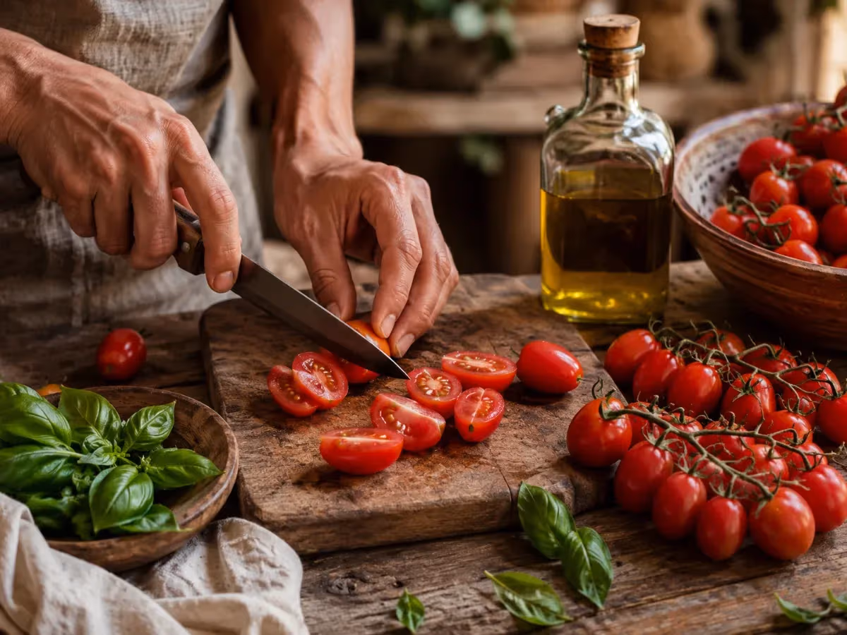 Mani che tagliano pomodori datterino su tagliere di legno con basilico fresco e bottiglia di olio extravergine