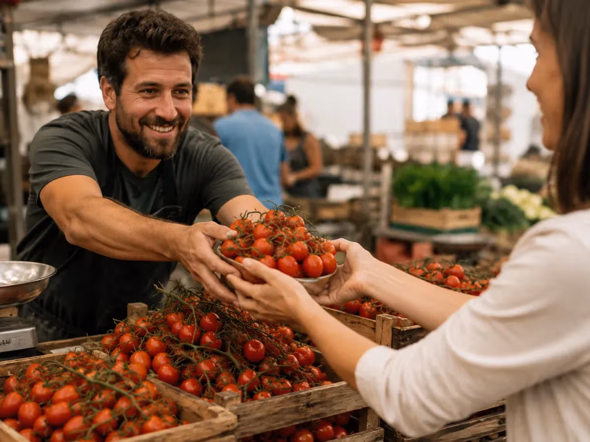 Venditore sorridente porge pomodori datterino freschi a grappolo a una cliente in un mercato all aperto