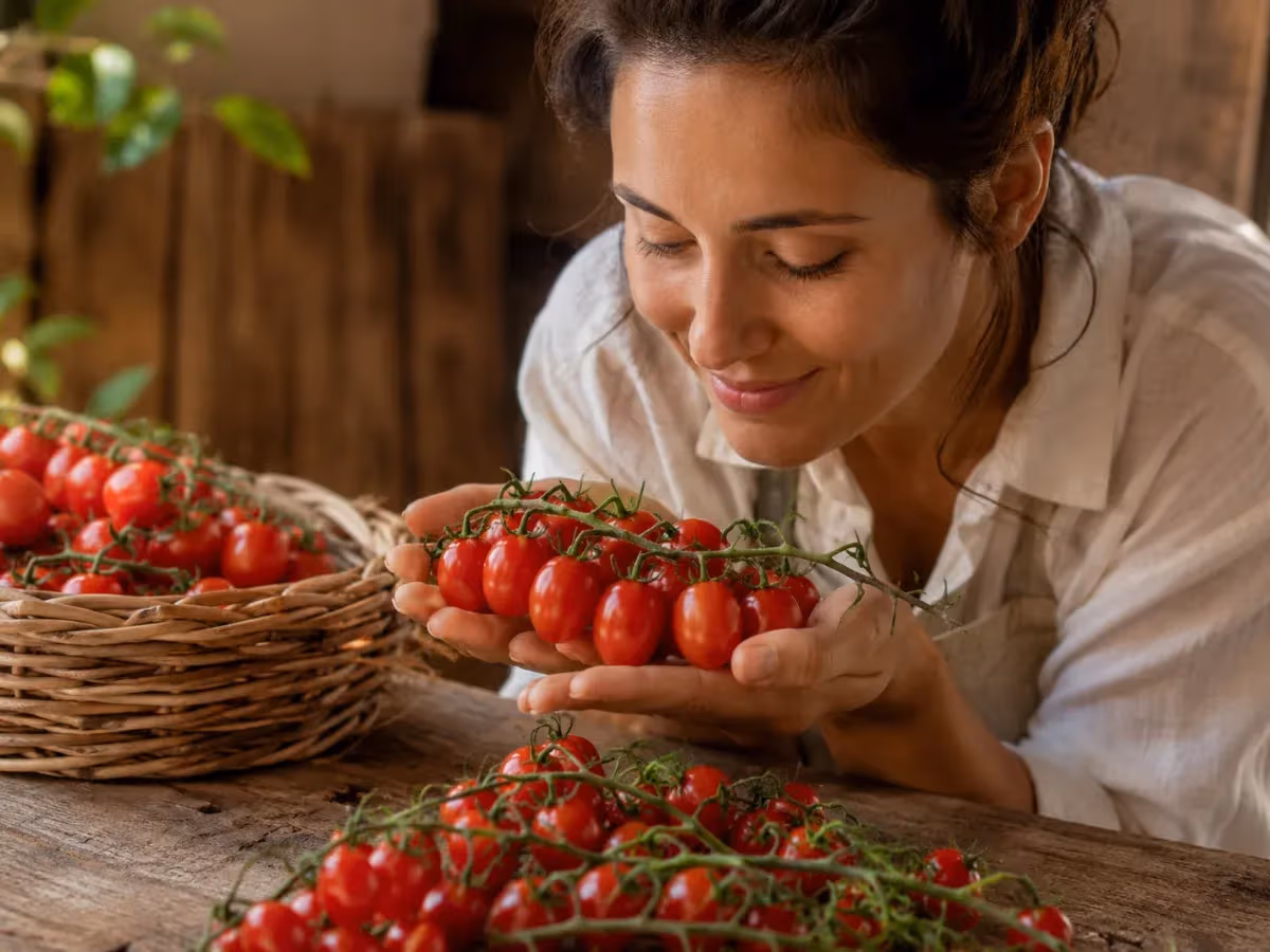 Donna sorride annusando pomodori datterino rossi a grappolo tenuti tra le mani in ambiente rustico luminoso