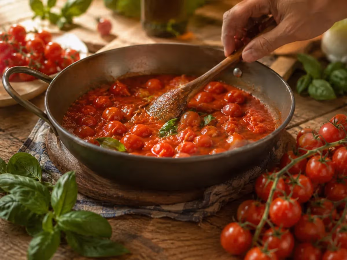 Salsa di pomodorini ciliegino rossi che cuoce in padella di ferro con basilico fresco e cucchiaio di legno